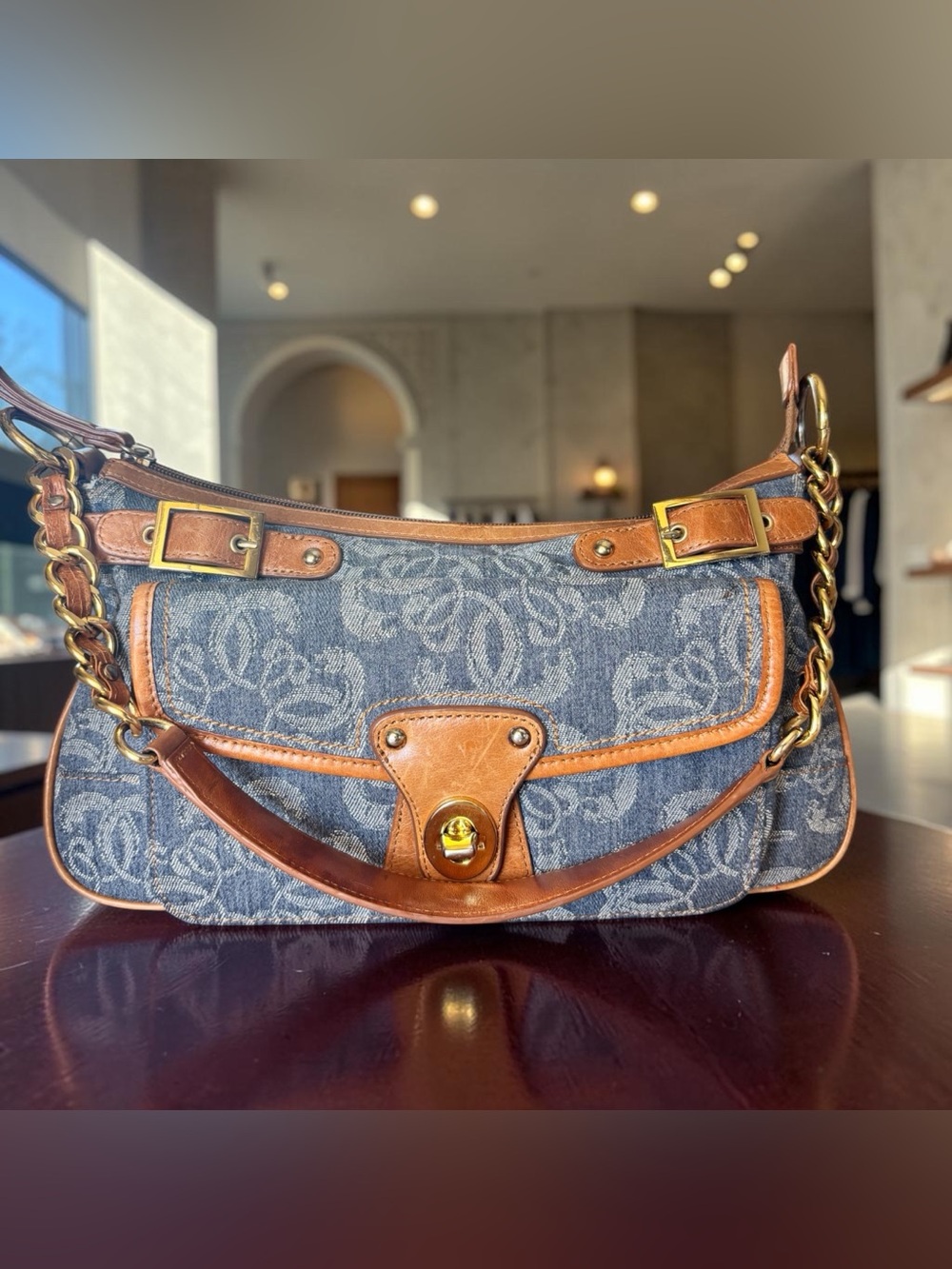 Sharif Denim Jacquard Shoulder Bag with Brown Leather Trim Y2K